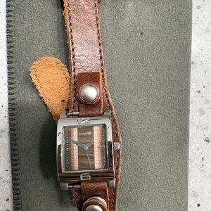 Fossil Brown Leather Cuff Watch with Blue Hands